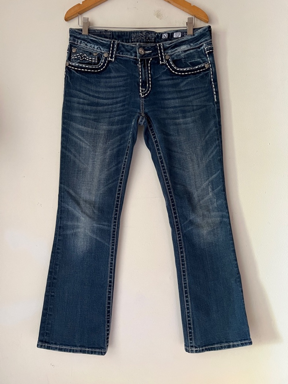 Miss Me Indigo Irene Bootcut Jeans Thick White Contrast Stitch Sz 32 Flap Pocket